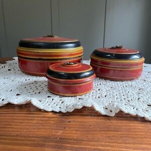 Vintage Indian Lacquered Wood Nesting Canisters Red Black Lids Folk Art Set of 3